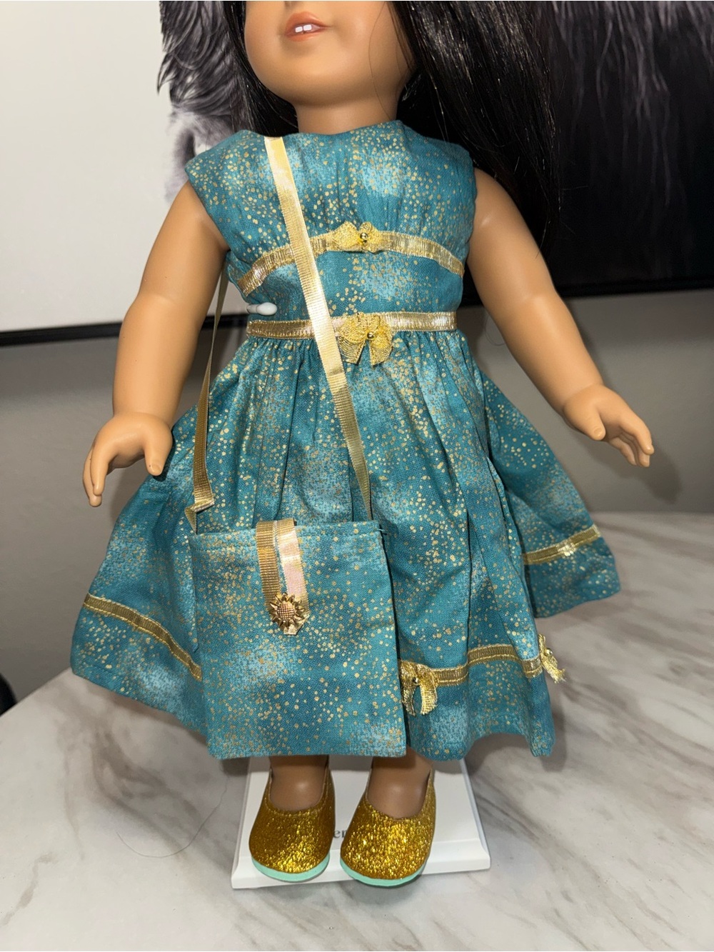18” dolls green & gold dress purse and sparkle shoes Mediterranean style